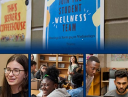 Blue Student Wellness Team Poster above 3 pictures of students one smiling a group in a library setting and two looking at a computer.