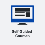 Graphic icon featuring a blue computer monitor with a document and text lines. Label â€œSelf-Guided Coursesâ€ appears below monitor.