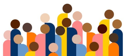 Illustration depicts a diverse crowd of stylized people standing in rows. Bright yellow, blue, pink, orange, and red clothing, circular heads, and varied skin tones create a colorful representation of community.