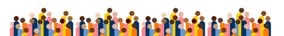 Graphic illustration of a crowd of abstract figures with multicolor bodies and solid circles for heads.