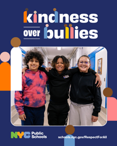 Three students with arms around each others shoulders inside a border of the kindness over bullies campaign logo
