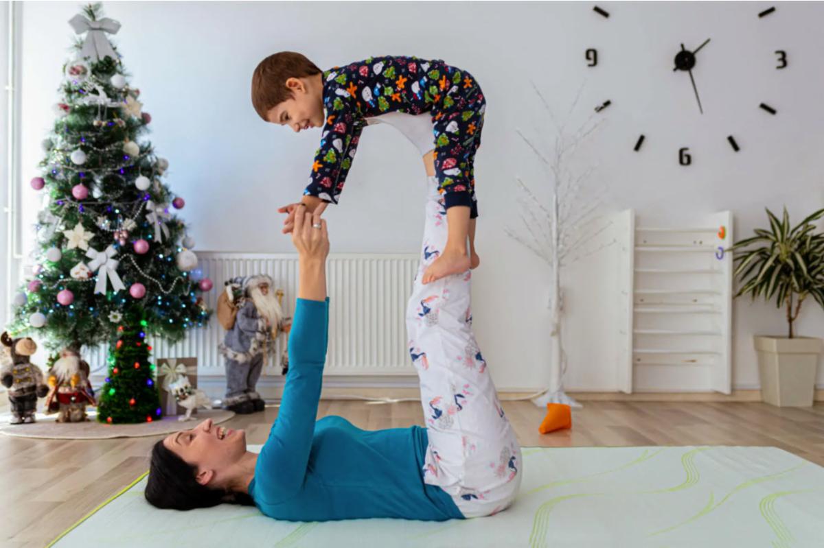 Mother and boy yoga Christmas