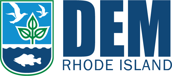Rhode Island DEM crest logo showing a bird, plant, and fish on light and dark blue backgrounds