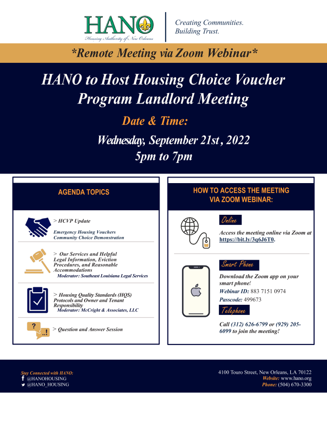 HANO to Host Housing Choice Voucher Program Landlord Meeting