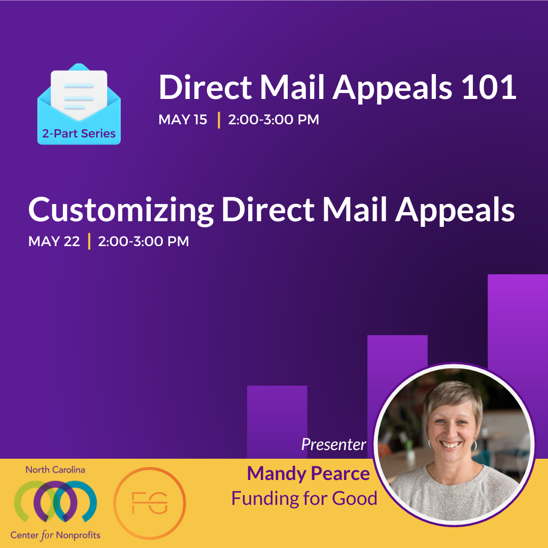 Graphic for webinar series: Direct Mail Appeal 101, May 15, and Customizing Direct Mail Appeals, May 22.