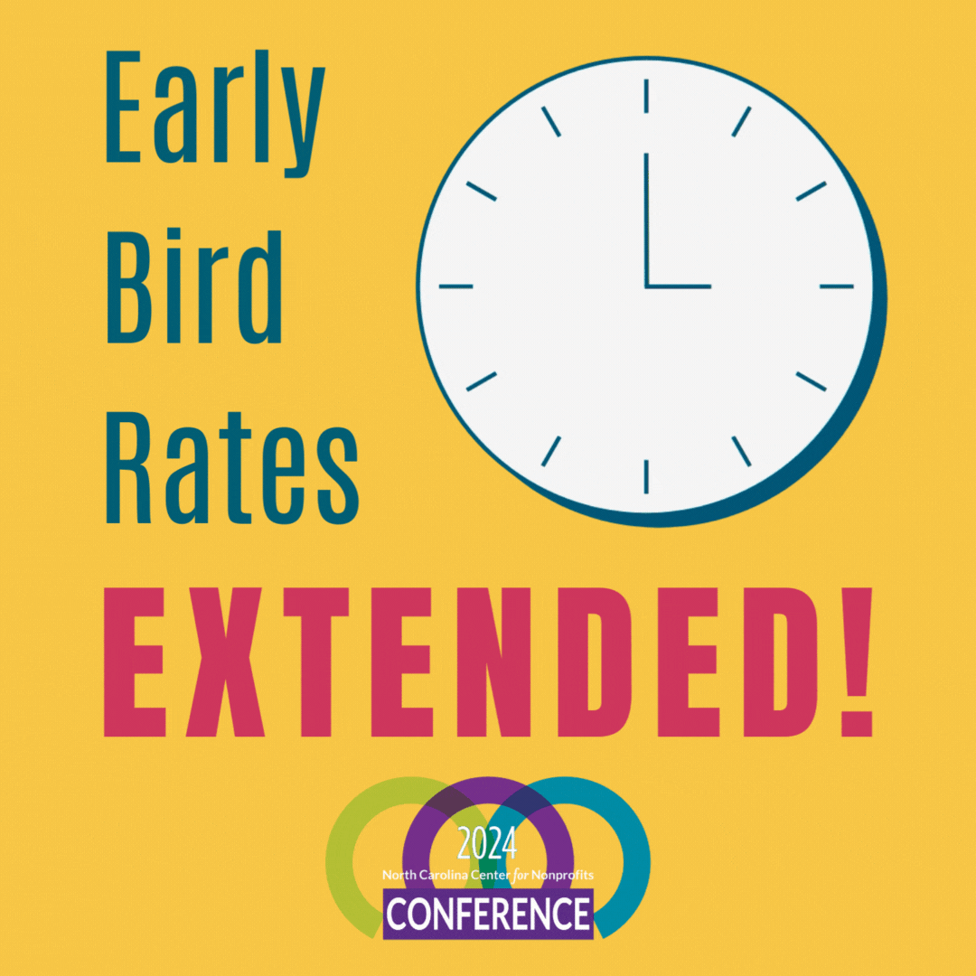 Bright yellow graphic with clock with fast-moving hands beside text: Early Bird Rates Extended!