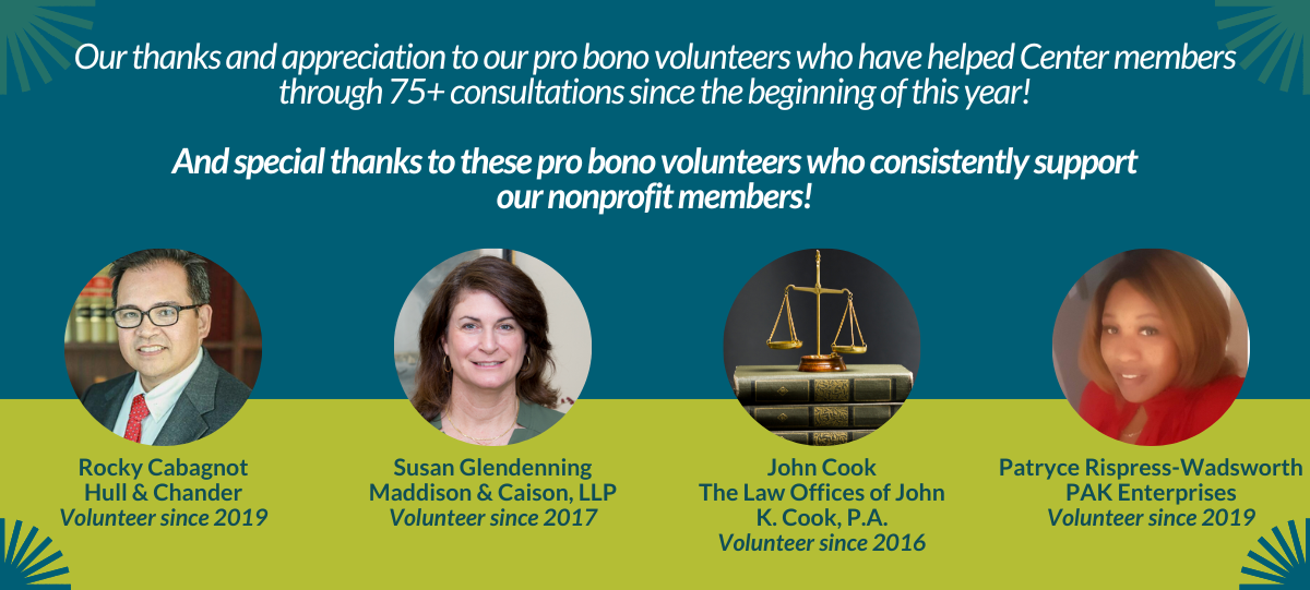Photos of featured volunteers who are part of the Pro Bono Assistance Program of the North Carolina Center for Nonprofits