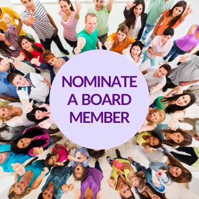 Photo from above of a crowd of people standing in a circle looking up. Shaded light purple circle in the center with text: Nominate a board member.