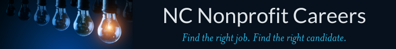 Hanging lightbulbs that are unlit except for the front bulb that is on and bright. Text: NC Nonprofit Careers. Find the right job. Find the right candidate.