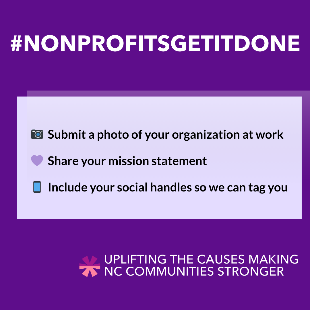 Light and dark purple graphic about how to participate in the #NonprofitsGetItDone social media campaign.