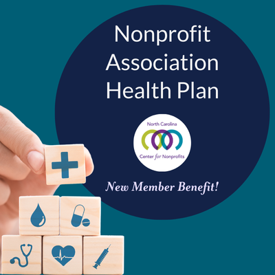 Close up of hand stacking wooden blocks that each have a medical-related icon beside text: Nonprofit Association Health Plan - New Member Benefit!
