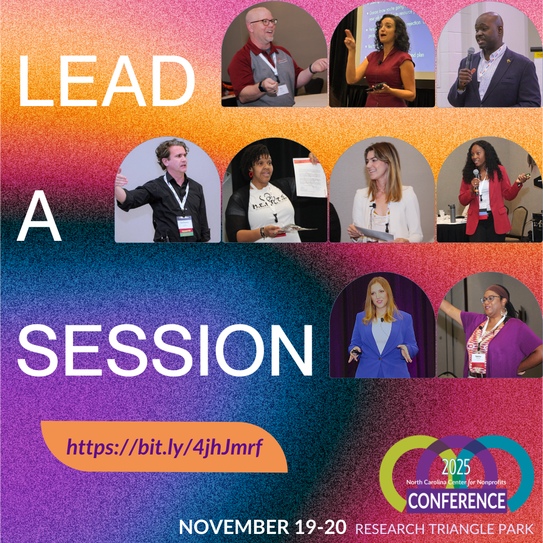 Colorful promo to lead a session at the 2025 Conference for NC Nonprofits with photos of past presenters and the event logo