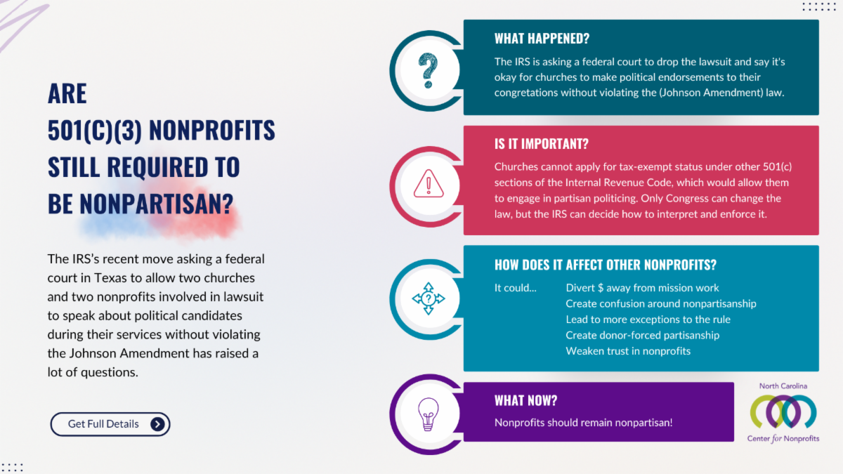 Infographic explaining recent challenges to nonprofit nonpartisanship and how it may affect nonprofits long term