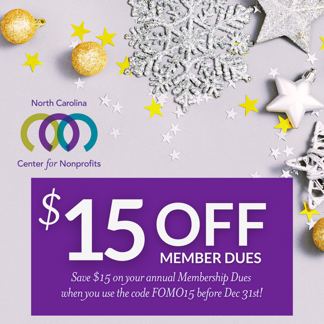 Glittering holiday decorations artfully laid out behind a purple text box promoting $15 off membership for NC nonprofits to the North Carolina Center for Nonprofits
