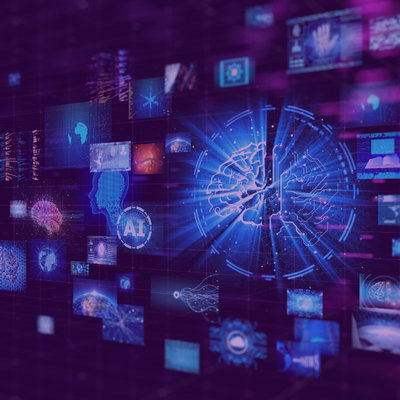 A digital collage featuring futuristic visuals related to artificial intelligence. In the center is a glowing circuit-like brain surrounded by various screens displaying data and neural networks and human profiles and technological symbols.