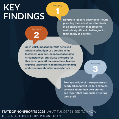 Top three key findings from the 2025 State of the Nonprofits Report, each numbered and within a speech bubble.
