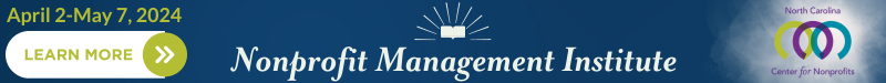 Navy graphic with white arrow button: Learn more about the Nonprofit Management Institute, April 2-May 7, 2024
