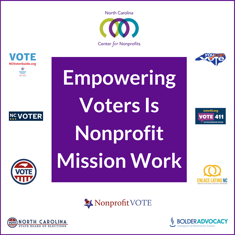 Text that reads 'Empowering voters is nonprofit mission work'. It is surrounded by logos of organizations that promote and support voter education and engagement.