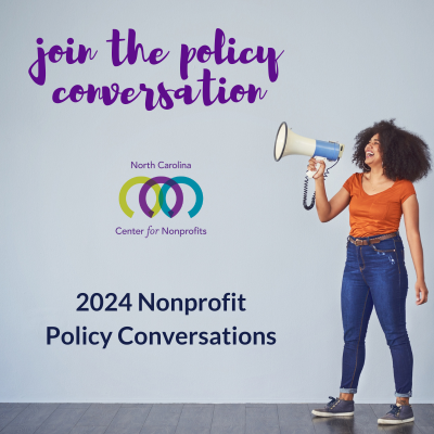 Photo of bi-racial woman talking into a megaphone beside text: Join the policy conversation at the 2024 Nonprofit Policy Conversations