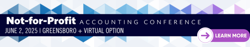 Geometric pattern in various shades of blue and purple behind text: Not-For-Profit Accounting Conference, June 2, 2025 in Greensboro, NC.