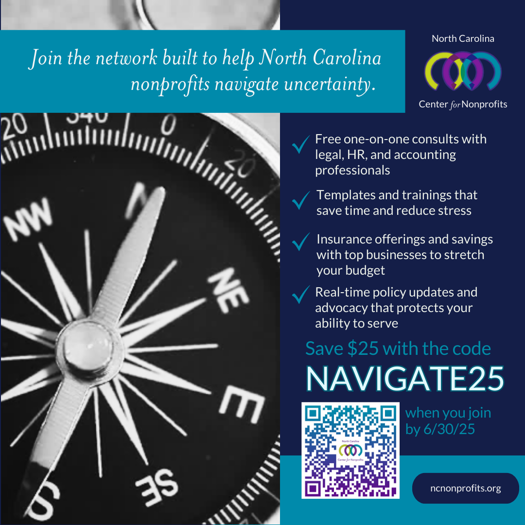 Membership promo for the North Carolina Center for Nonprofits with a close up image of a compass beside a list of member benefits that help NC nonprofits navigate uncertainty.