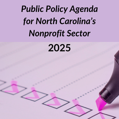 Close up of paper with blank lines for a list and checkboxes. Several boxes are checked with pink marker as the marker hovers near the bottom checkbox. Text: 2025 Public Policy Agenda for NC's Nonprofit Sector.