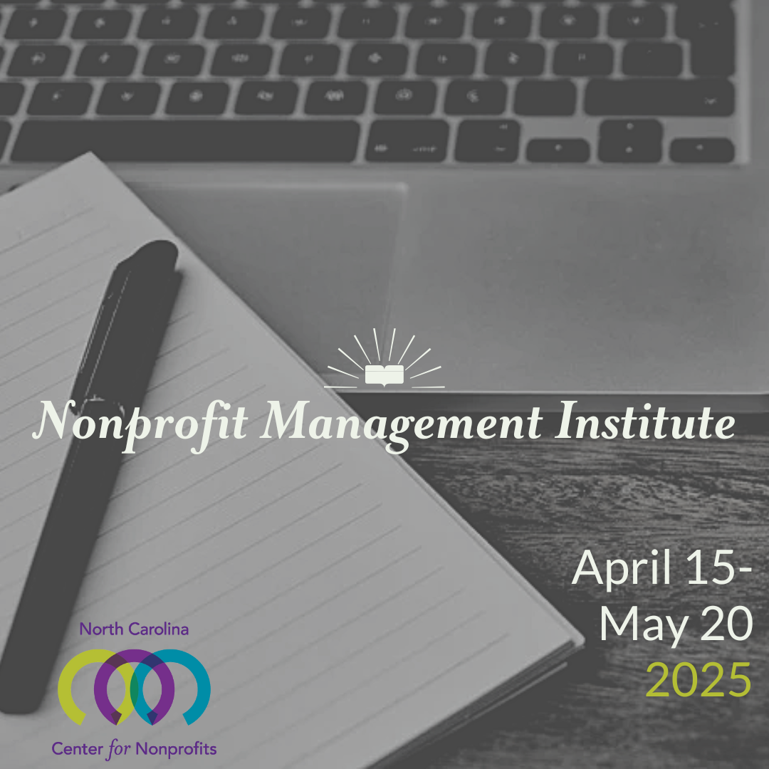 Extreme close up of desk with open laptop, lined notepad, and black pen. Text: Nonprofit Management Institute, April 15-May 20, 2025.