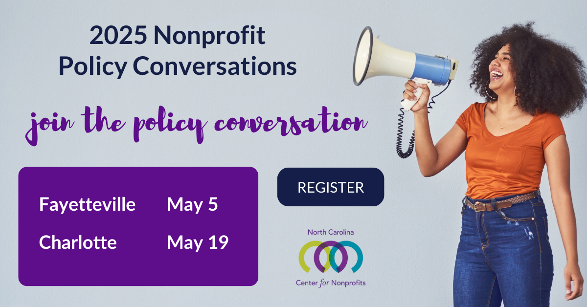 Young woman speaking enthusiastically into a megaphone beside text: Join the Nonprofit Policy Conversation!