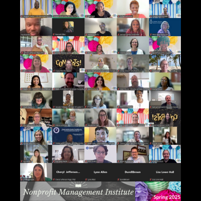 Screen shot of participants at the online graduation ceremony of the Spring 2025 Nonprofit Management Institute of the North Carolina Center for Nonprofits