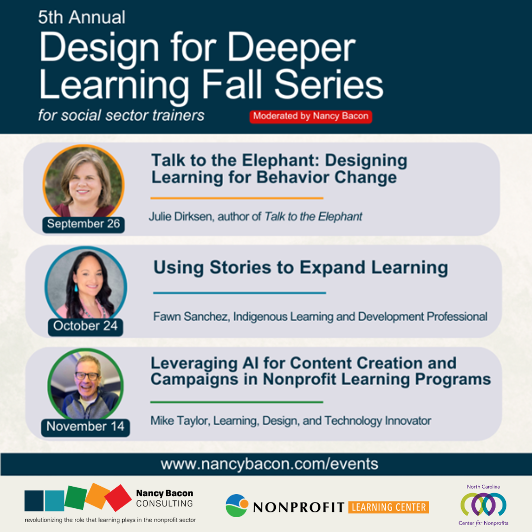 Stacked boxes with workshop titles and presenter photos for the 3-part series, Design for Deeper Learning 2024 Fall Series