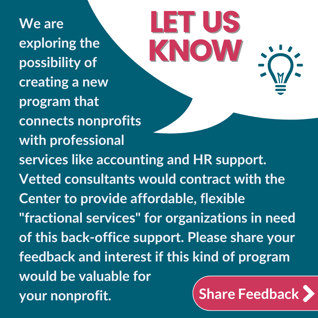 Speech bubble with 'Let Us Know' and lightbulb. Text invites nonprofits to complete an interest survey for back office support.