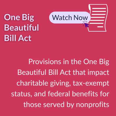 Hot pink graphic with white outline of lined paper. Text reads 'One Big Beautiful Bill Act. Watch recording now.'
