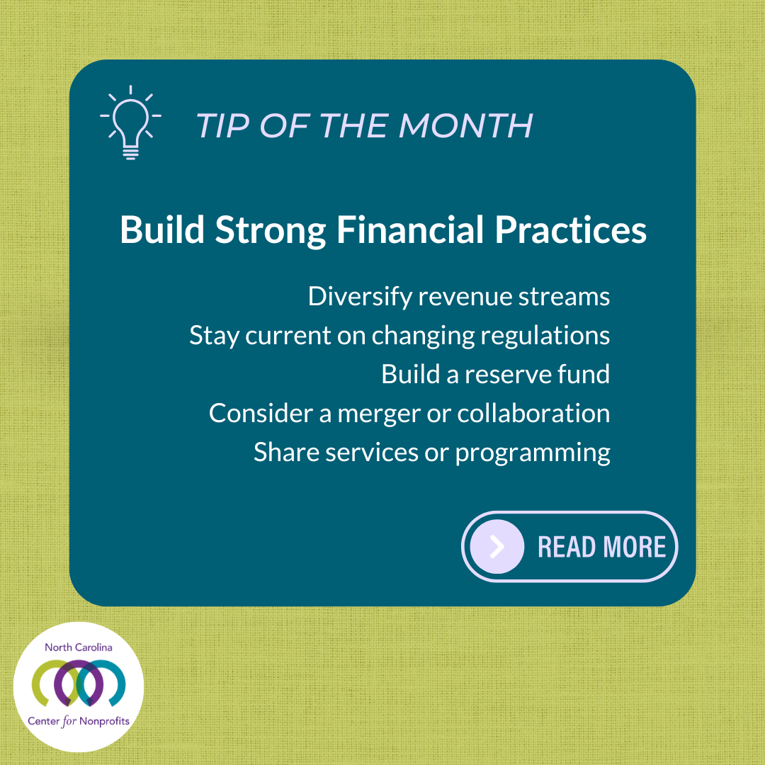 Green and teal graphic with lightbulb icon. Text: Tip of the Month: Build strong financial practices