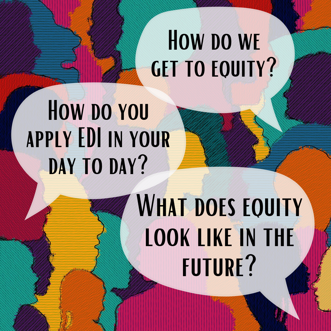 People's heads in profile, in a rainbow of colors, looking left and right overlaid with speech bubbles asking questions about EDI.