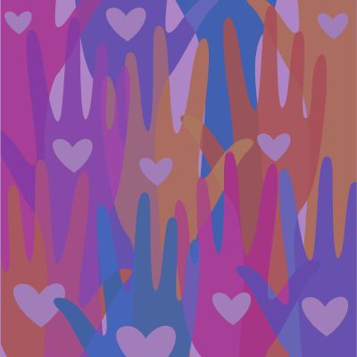 Many multicolored, raised hands each with a heart in its palm
