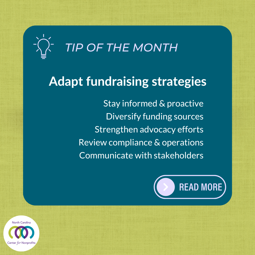 Green and teal graphic with lightbulb icon. Text: Tip of the Month: Adapt fundraising strategies