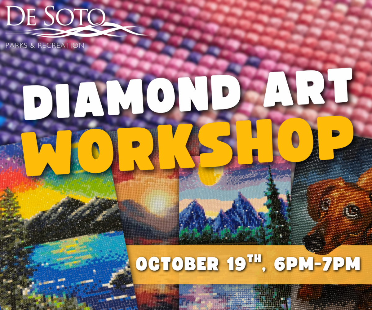 Colorful art pieces made with multicolored small gems are displayed below the Diamond Art Workshop title.