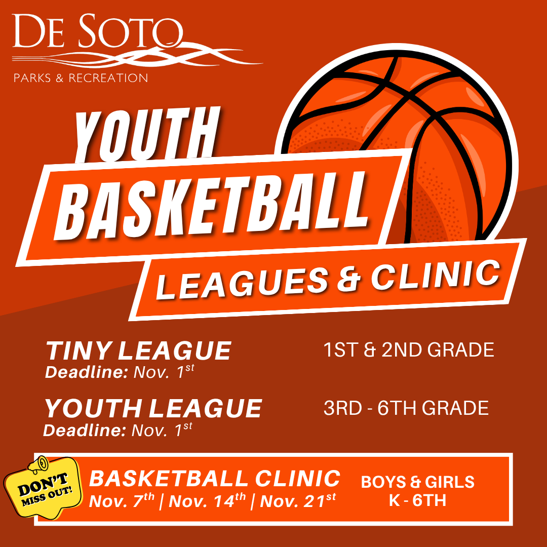 Youth Basketball Flyer decorated in bright orange, dark reds, and a "Leagues and Clinic" title.