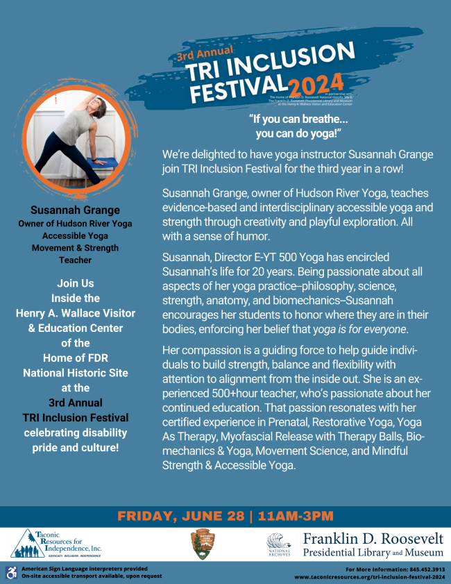 Click on the image for the PDF on Accessible Yoga with Susannah Granger Bio 3rd Annual Inclusion Fest 2024