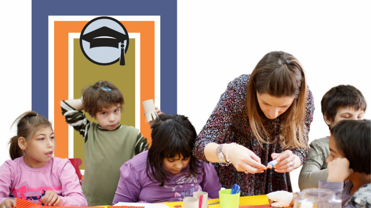 Photo of teacher working with special needs students in the classroom.