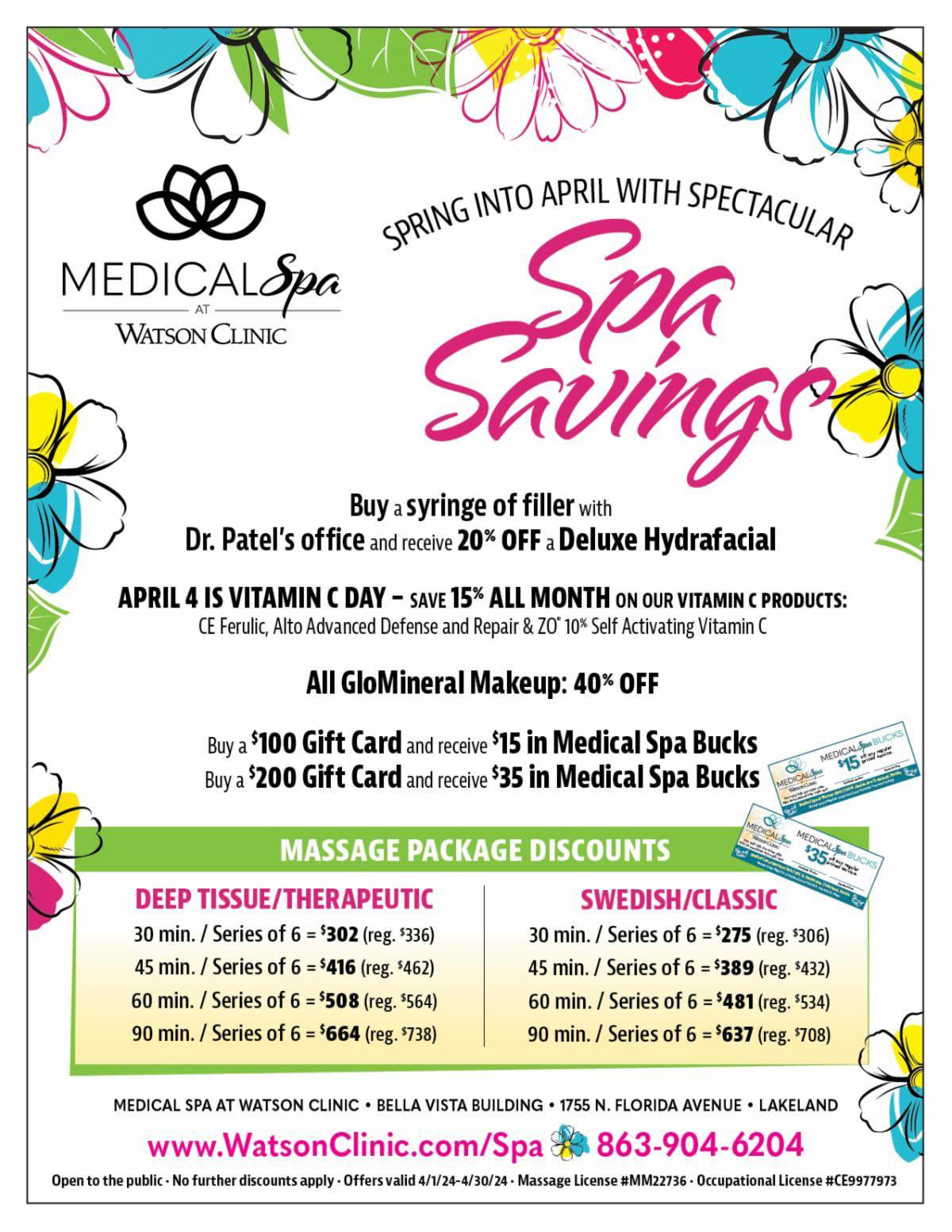 Medical Spa at Watson Clinic Specials April 2024