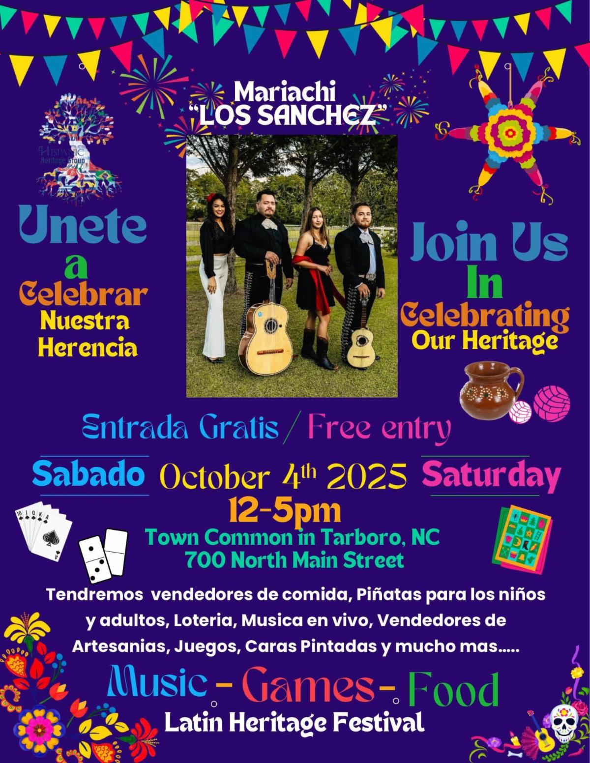 Latin Heritage Festival. October 4. 12-5pm. Tarboro Town Common.