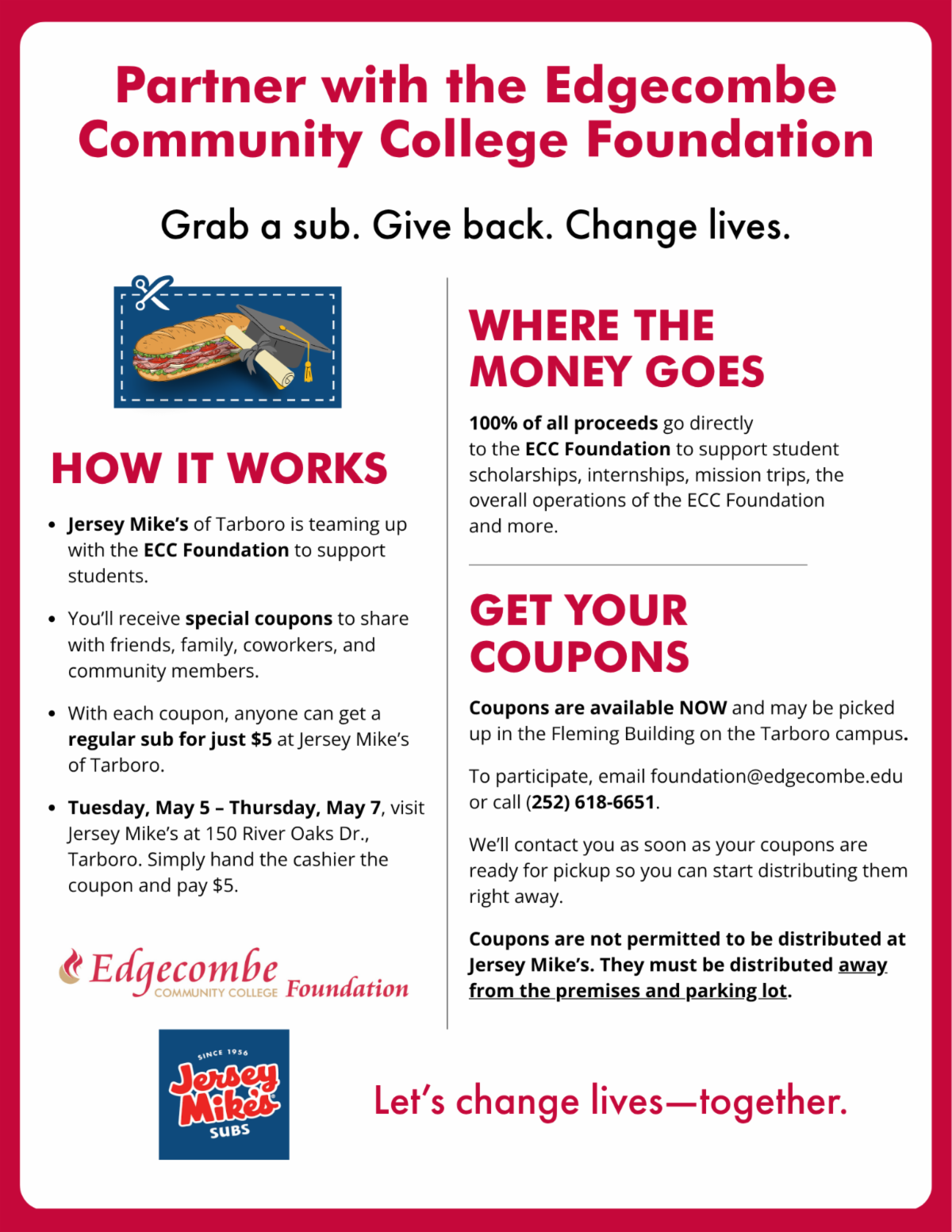 Partner with the Edgecombe Community College Foundation and Jersey Mike's of Tarboro