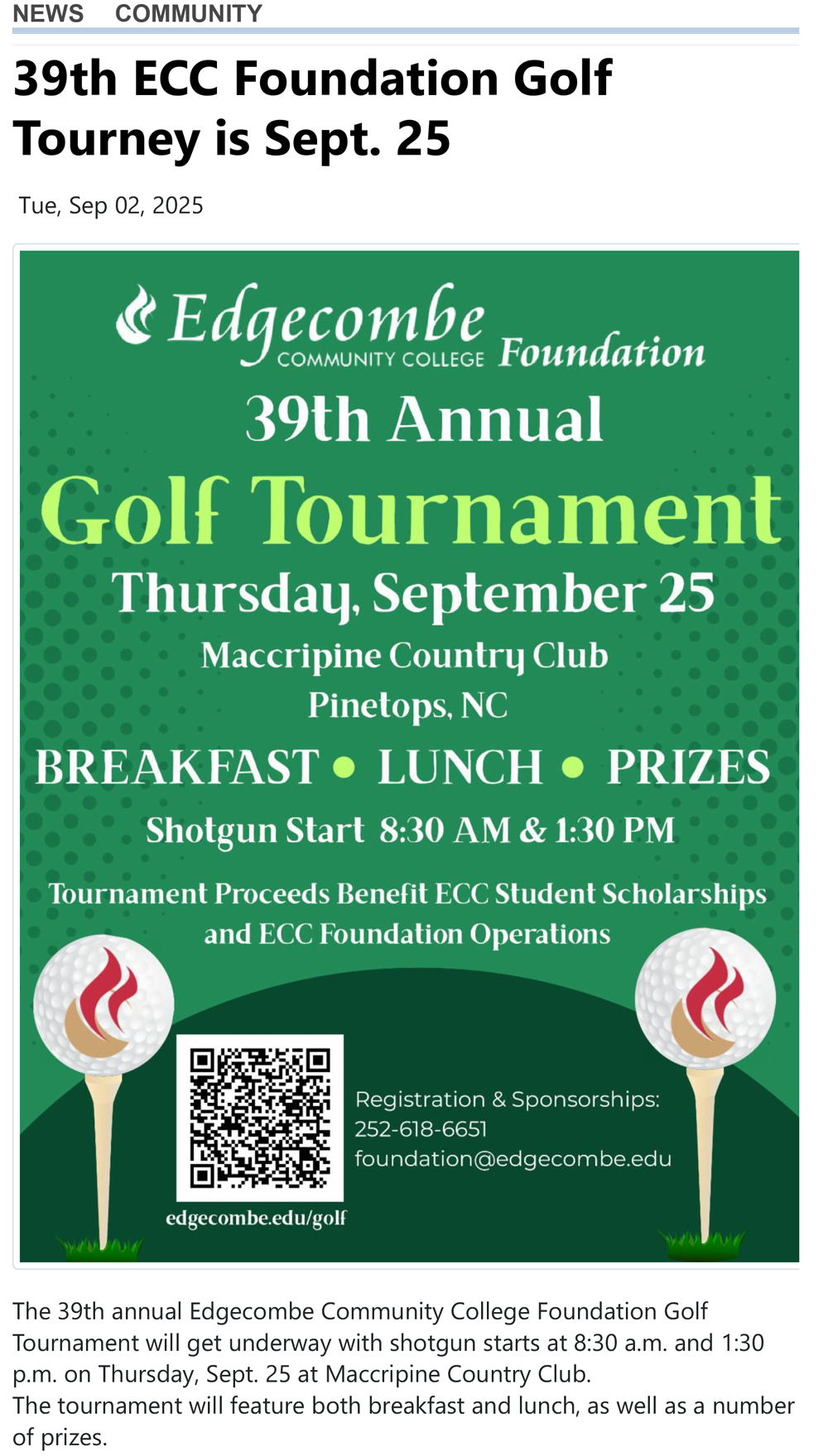 Newspaper clipping headline reads 39th ECC Foundation Golf Tourney is Sept. 25