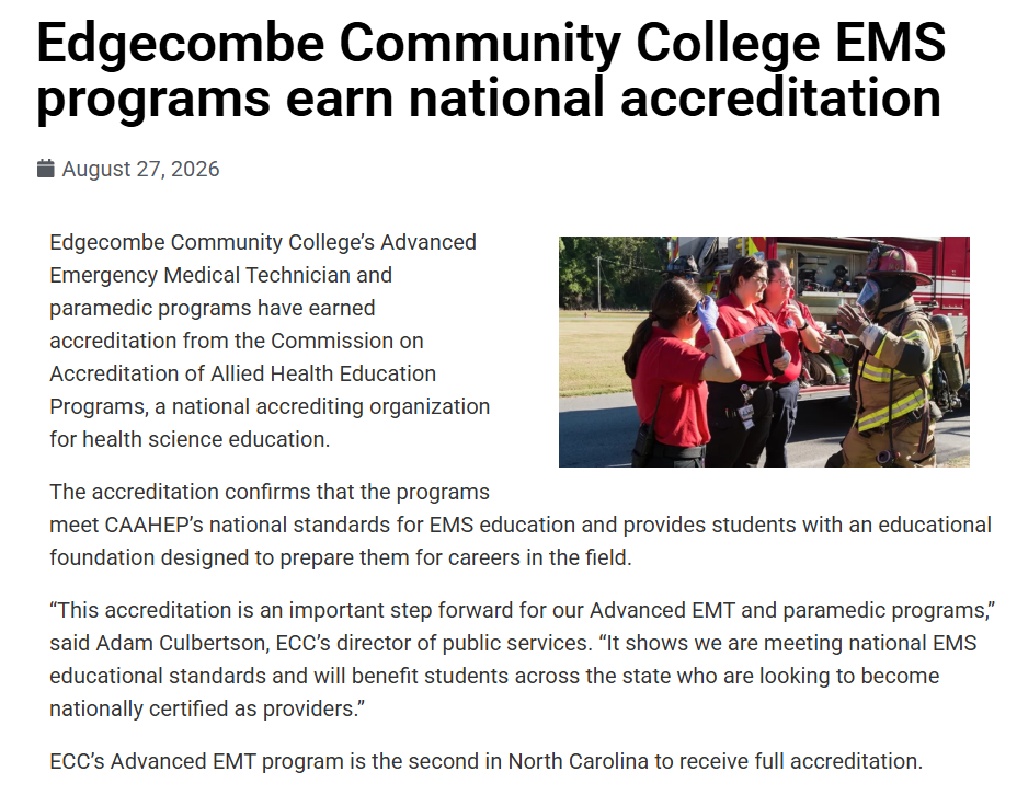 Edgecombe Community College EMS programs earn national accreditation