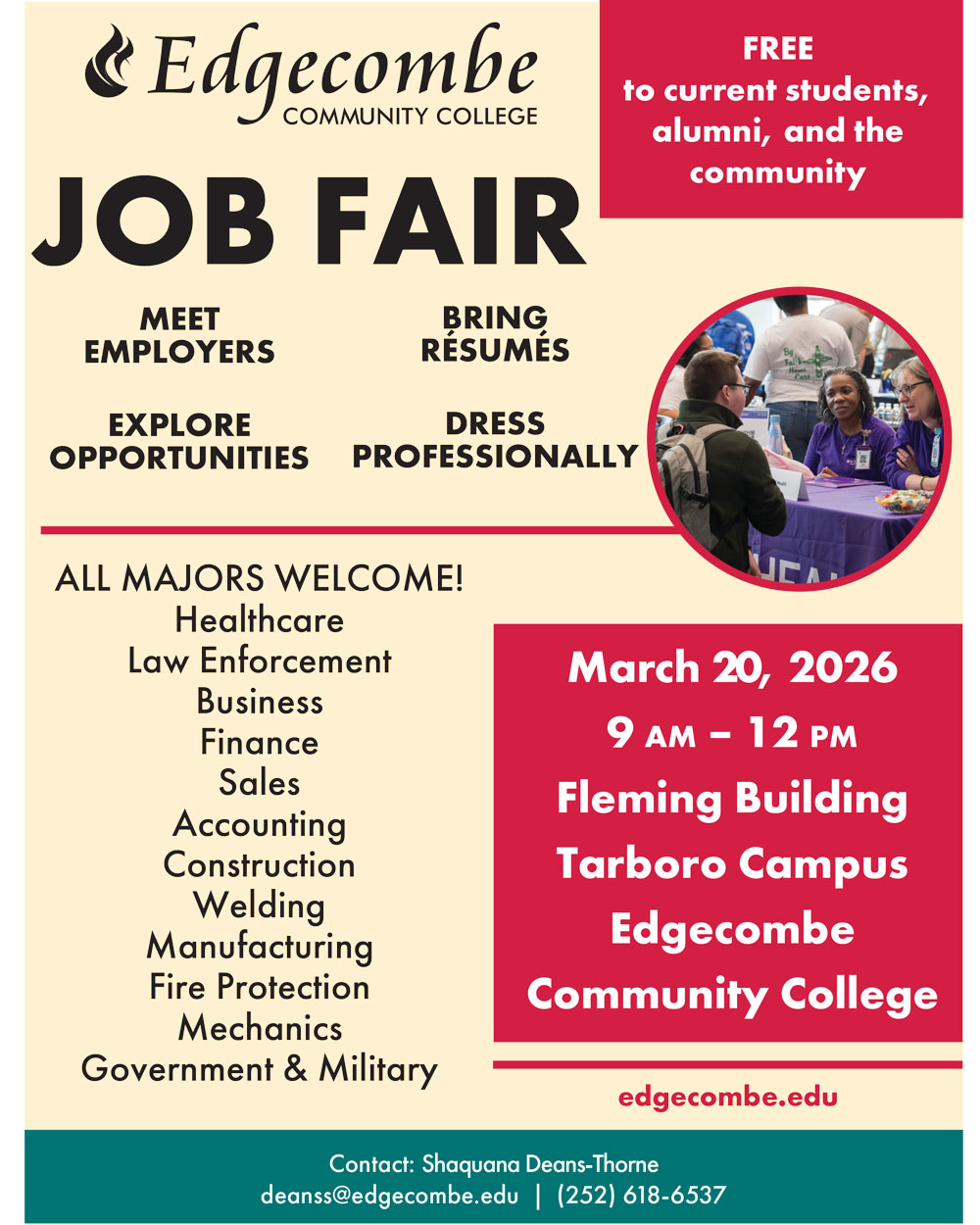 ECC Job Fair is Friday March 20 9am-12pm. Fleming Building. Tarboro Campus.