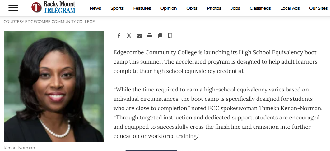 Rocky Mount Telegram ECC Launches High School Equivalency Bootcamp