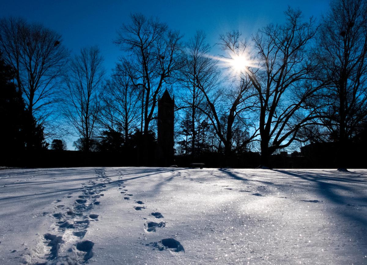 Sunny winter scene on ISU campus with footprints in the snow and the campanile in the background.