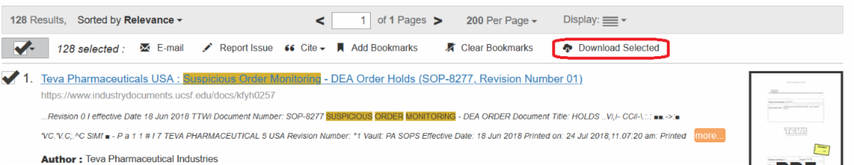 Screenshot of document download feature on Industry Documents Library search