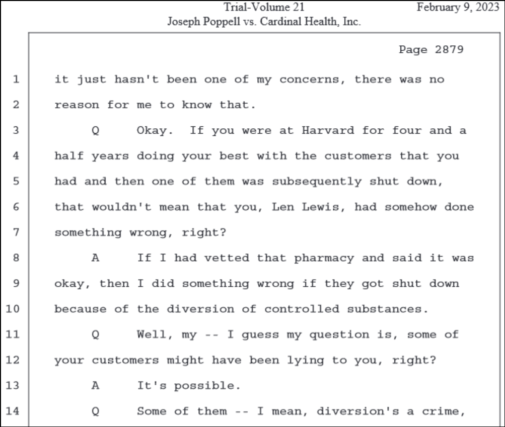 Screenshot of Poppell v Cardinal Health transcript Feb 9 2023